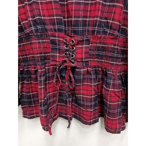 Lane Bryant Womens Tunic Top 20 Red Plaid Flannel Smocked Waist Lantern Sleeve - Picture 2 of 9